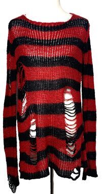 Punk Rave Goth Grunge Shredded Open Knit Striped Sweater Black Red Distressed